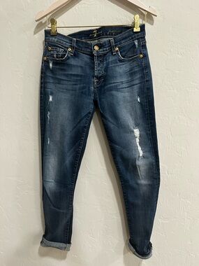 7 For All Mankind Distressed Dark Blue Boyfriend Jeans